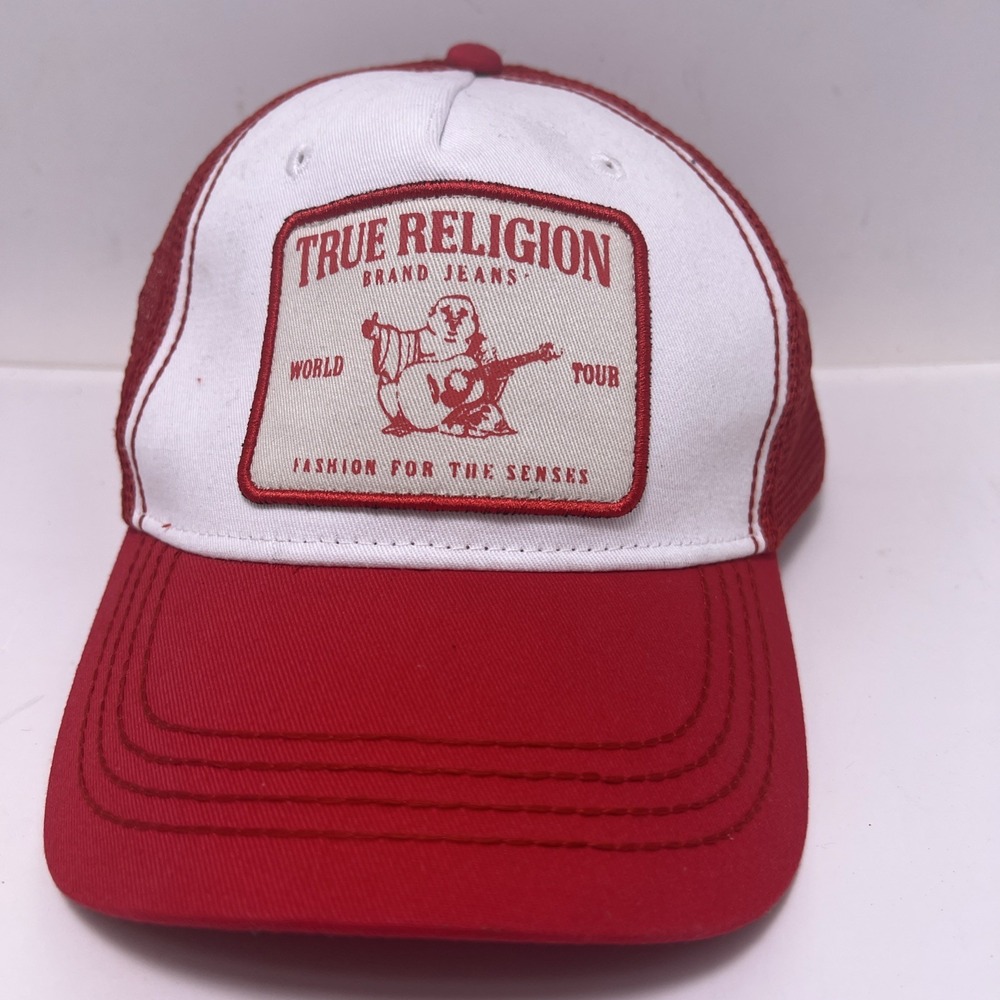 Used  True Religion Logo Adult Trucker Hat Cap Red And white One Size